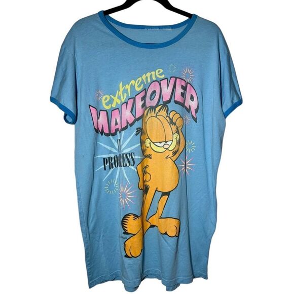 Vintage 90s Garfield Extreme Makeover In Progress Ringer Sleep Tshirt Blue - Picture 1 of 3